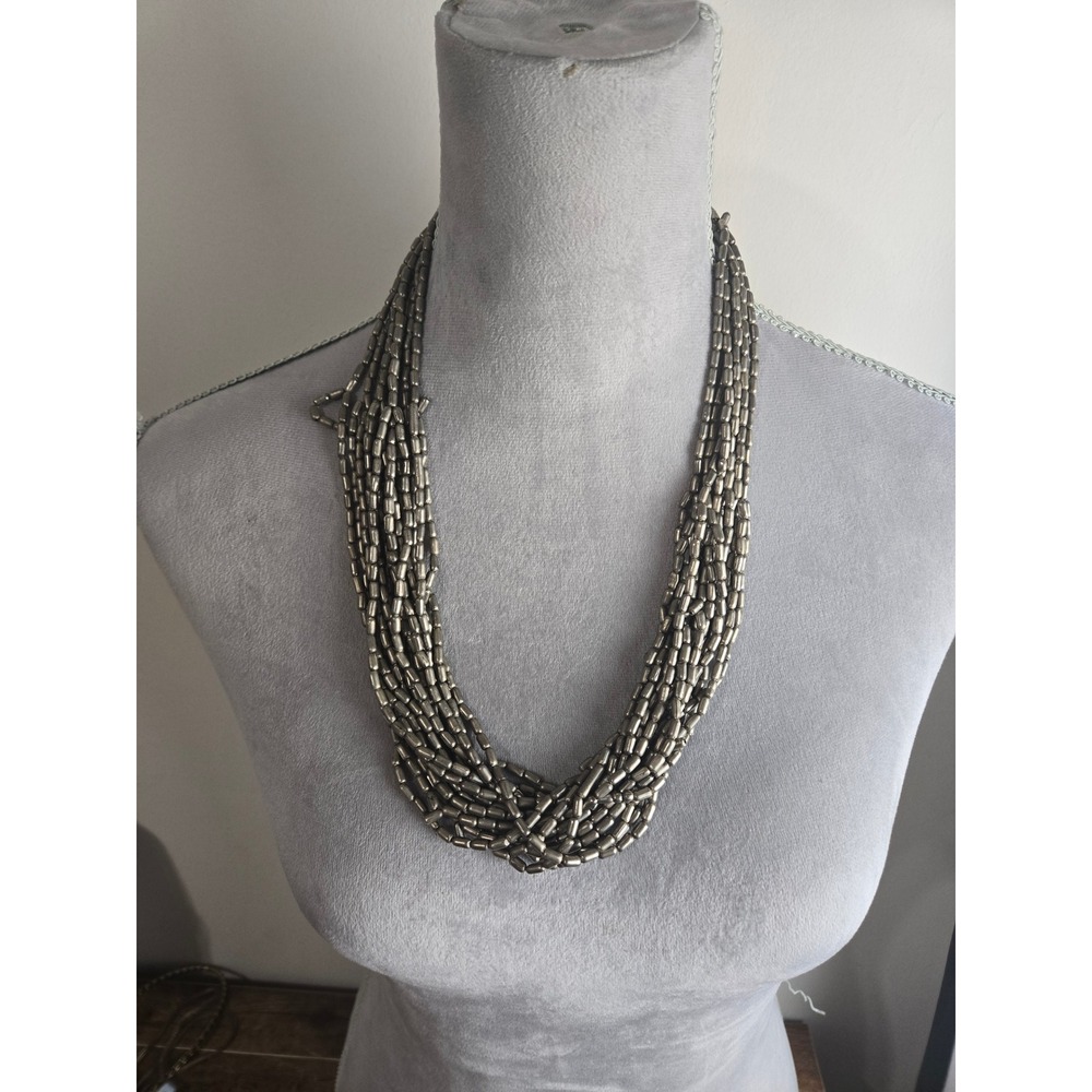 Multi Strand Liquid Silver Tone Bead Layered Statement Necklace Metallic Grey